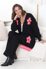 Xadie Cardigan - Multi Colour Flower Detail Open Front Cardigan In Black