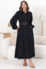 Brunne Maxi Dress - Contrast Stitching Long Balloon Sleeves Maxi Dress