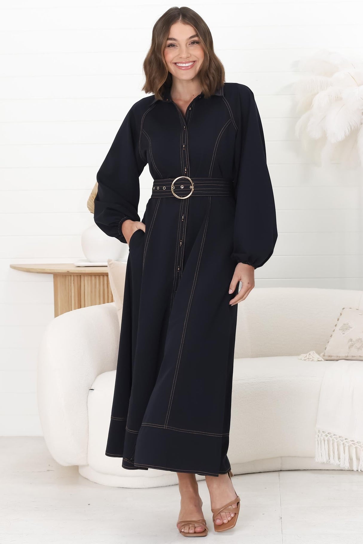 Brunne Maxi Dress - Contrast Stitching Long Balloon Sleeves Maxi Dress