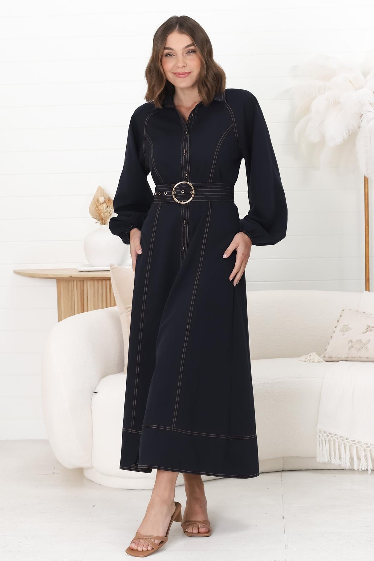 Brunne Maxi Dress - Contrast Stitching Long Balloon Sleeves Maxi Dress