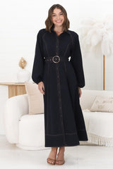 Brunne Maxi Dress - Contrast Stitching Long Balloon Sleeves Maxi Dress