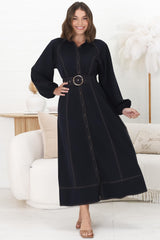 Brunne Maxi Dress - Contrast Stitching Long Balloon Sleeves Maxi Dress