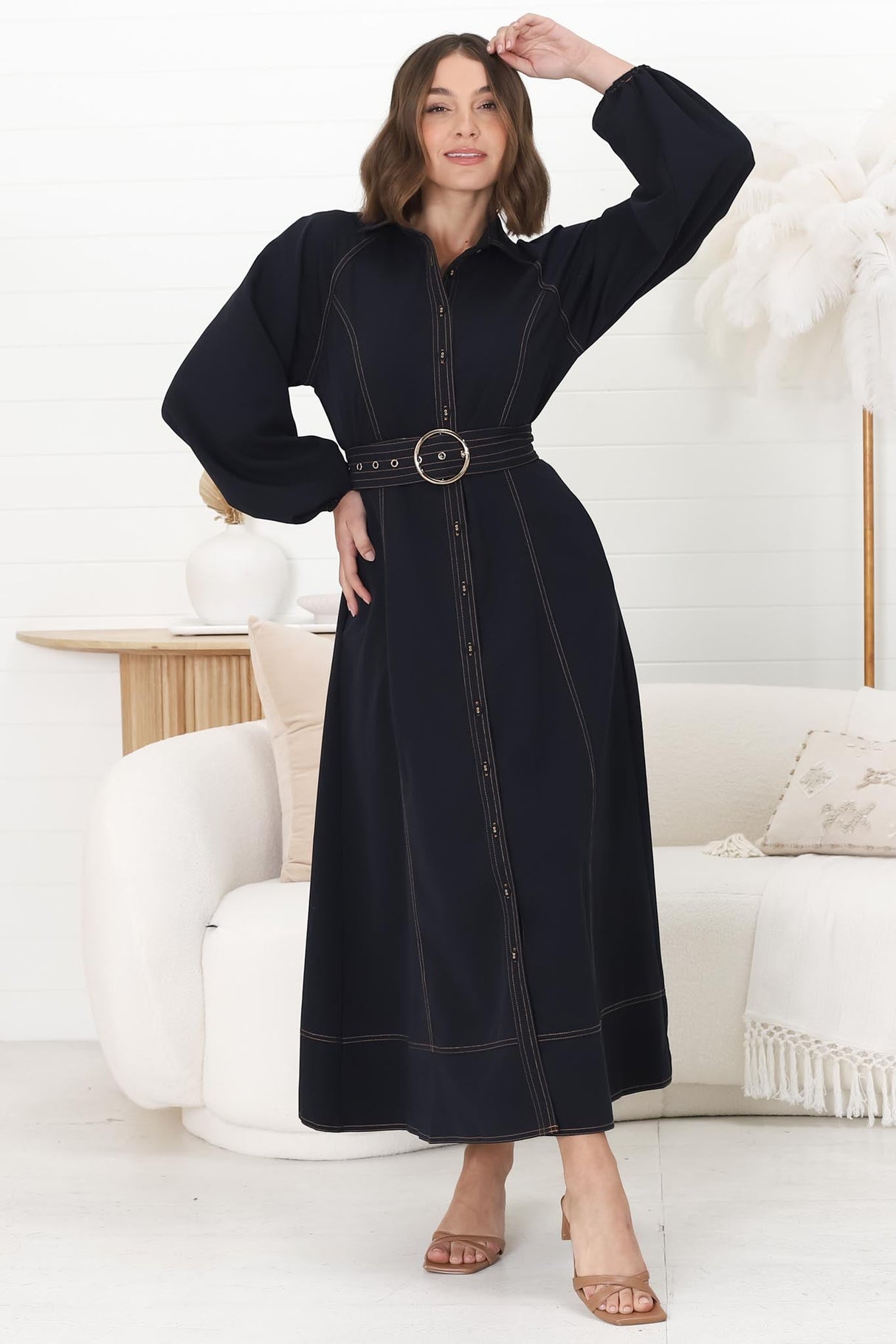 Brunne Maxi Dress - Contrast Stitching Long Balloon Sleeves Maxi Dress