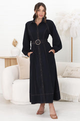 Brunne Maxi Dress - Contrast Stitching Long Balloon Sleeves Maxi Dress