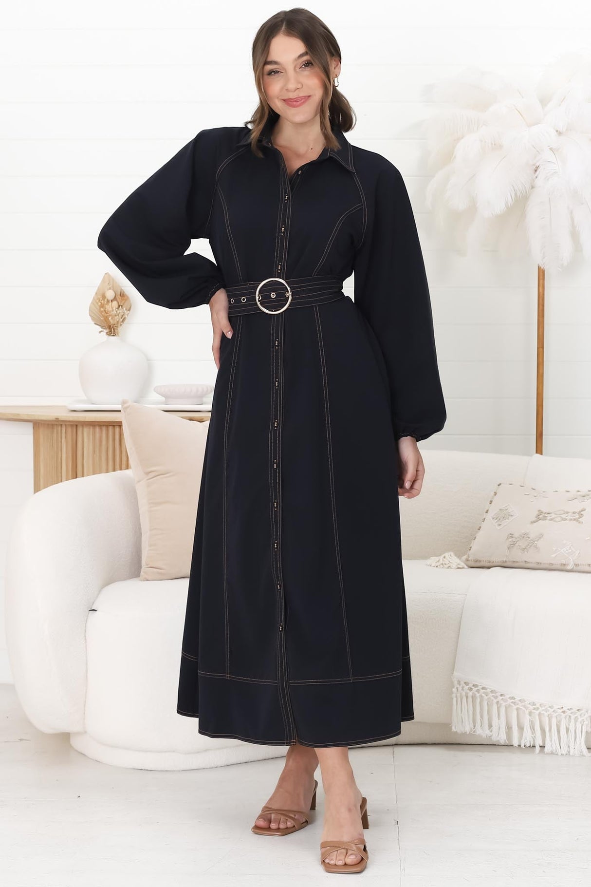 Brunne Maxi Dress - Contrast Stitching Long Balloon Sleeves Maxi Dress