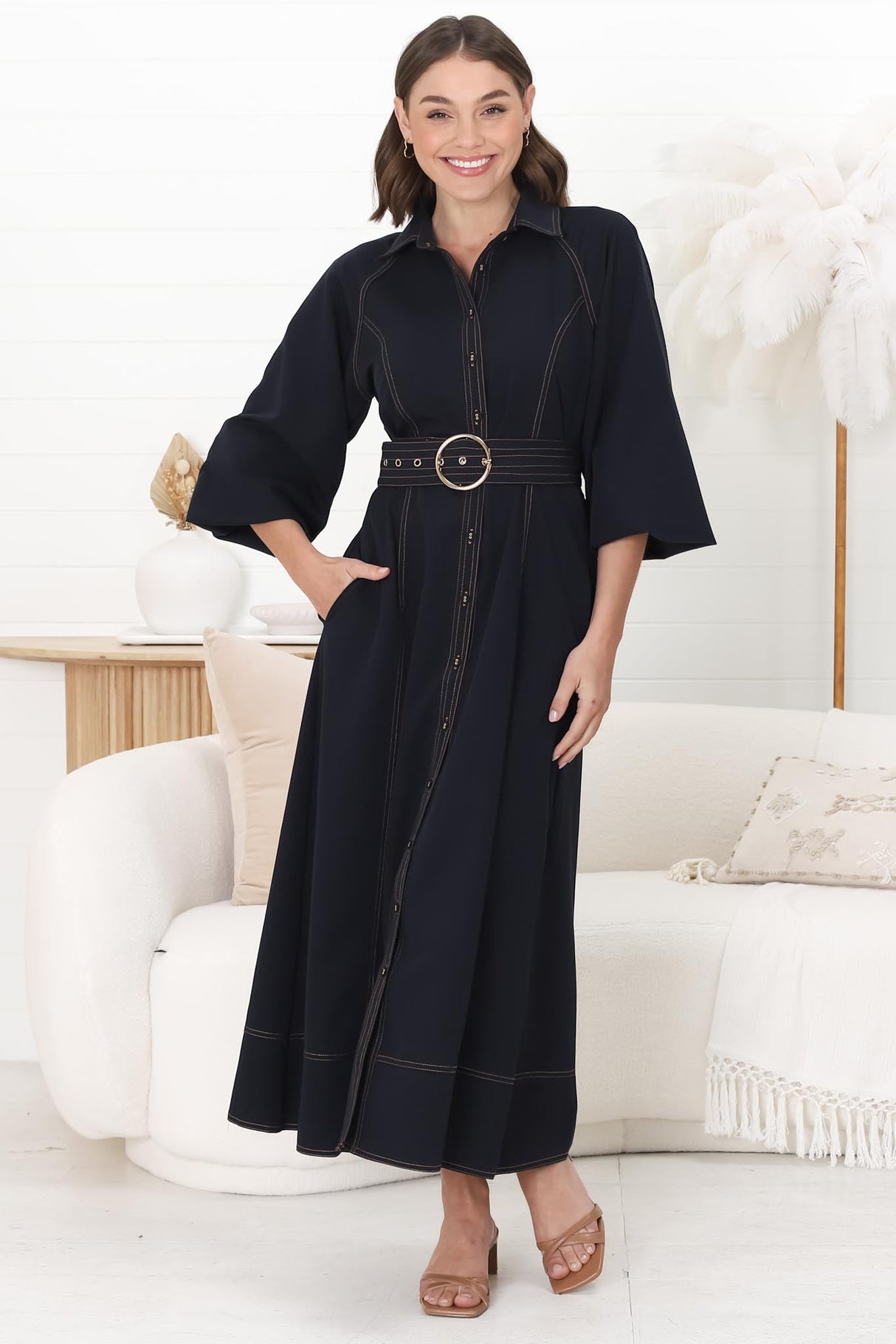 Brunne Maxi Dress - Contrast Stitching Long Balloon Sleeves Maxi Dress