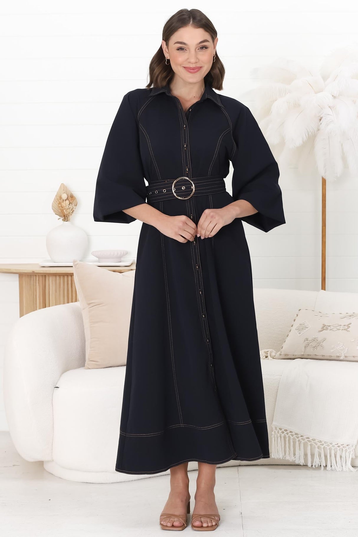 Brunne Maxi Dress - Contrast Stitching Long Balloon Sleeves Maxi Dress