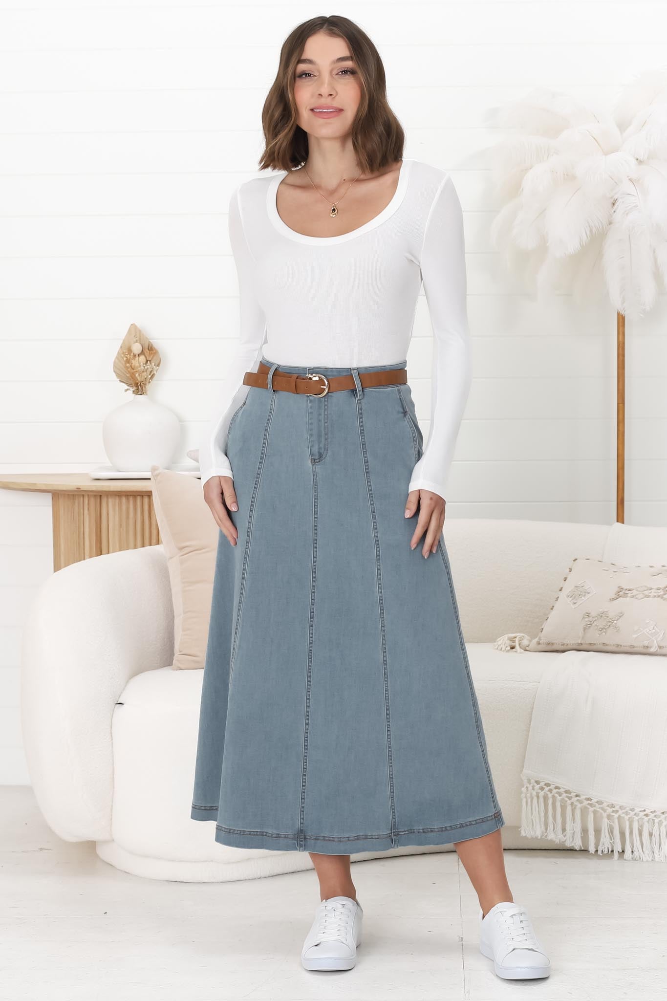 Delta Denim Midi Skirt - A Line Skirt with Contrast Stitching in Blue Denim