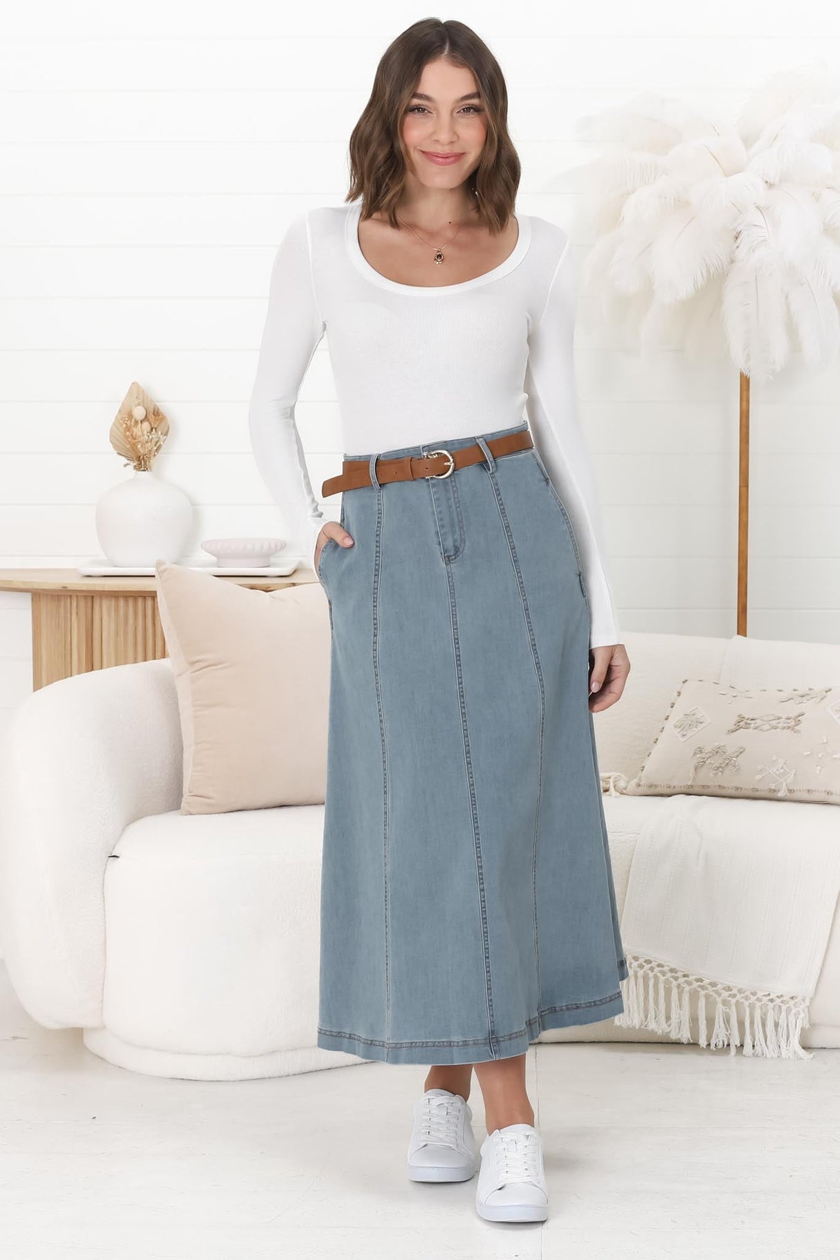 Delta Denim Midi Skirt - A Line Skirt with Contrast Stitching in Blue Denim