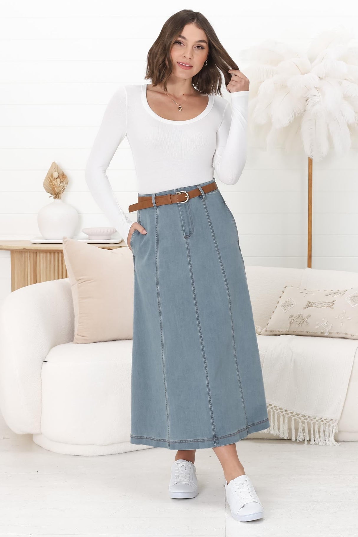 Delta Denim Midi Skirt - A Line Skirt with Contrast Stitching in Blue Denim