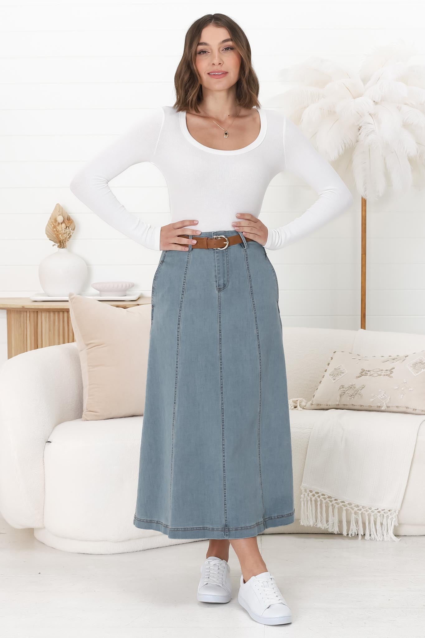 Delta Denim Midi Skirt - A Line Skirt with Contrast Stitching in Blue Denim