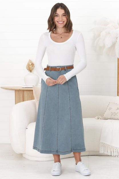 Delta Denim Midi Skirt - A Line Skirt with Contrast Stitching in Blue Denim