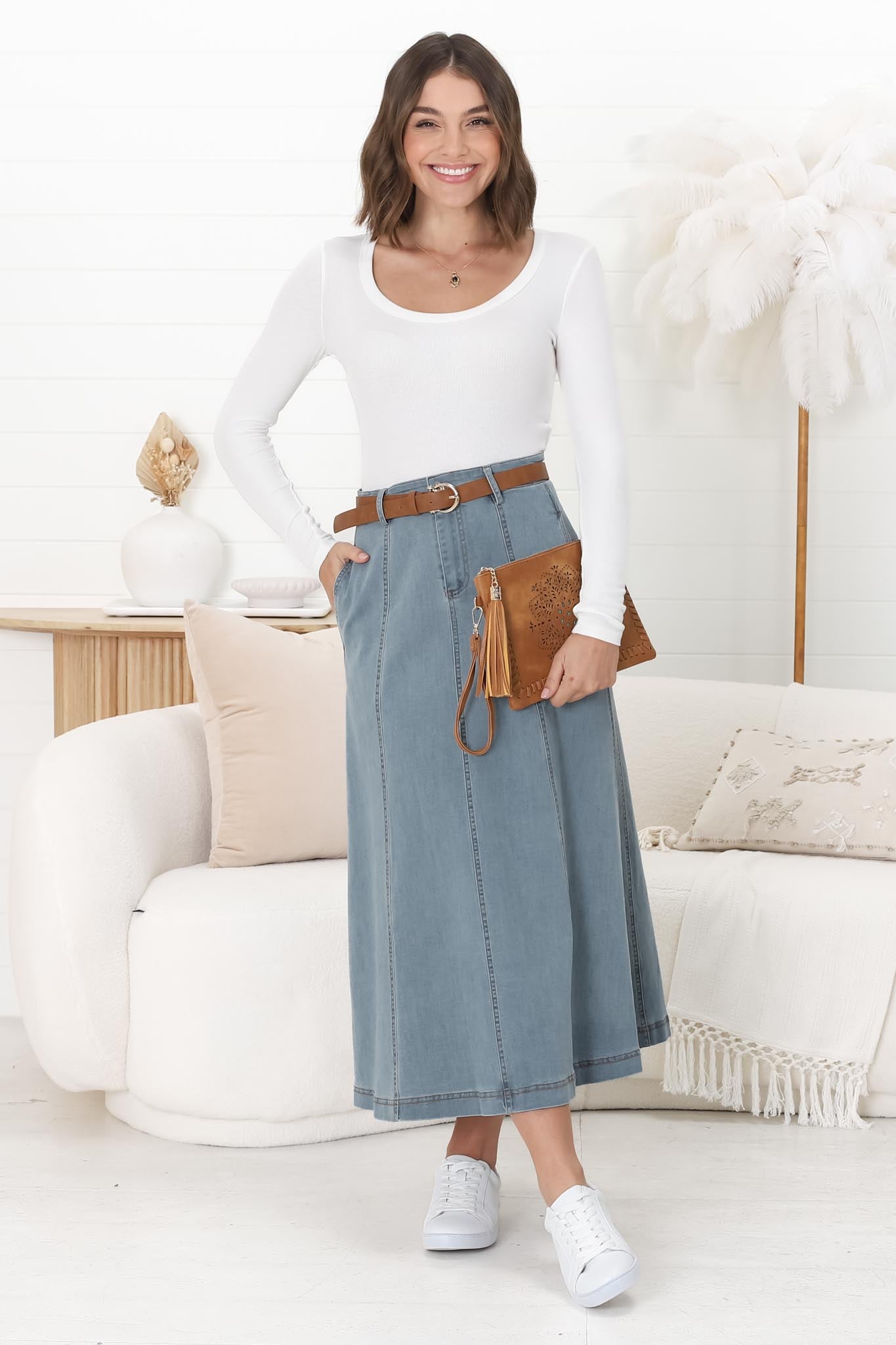 Delta Denim Midi Skirt - A Line Skirt with Contrast Stitching in Blue Denim