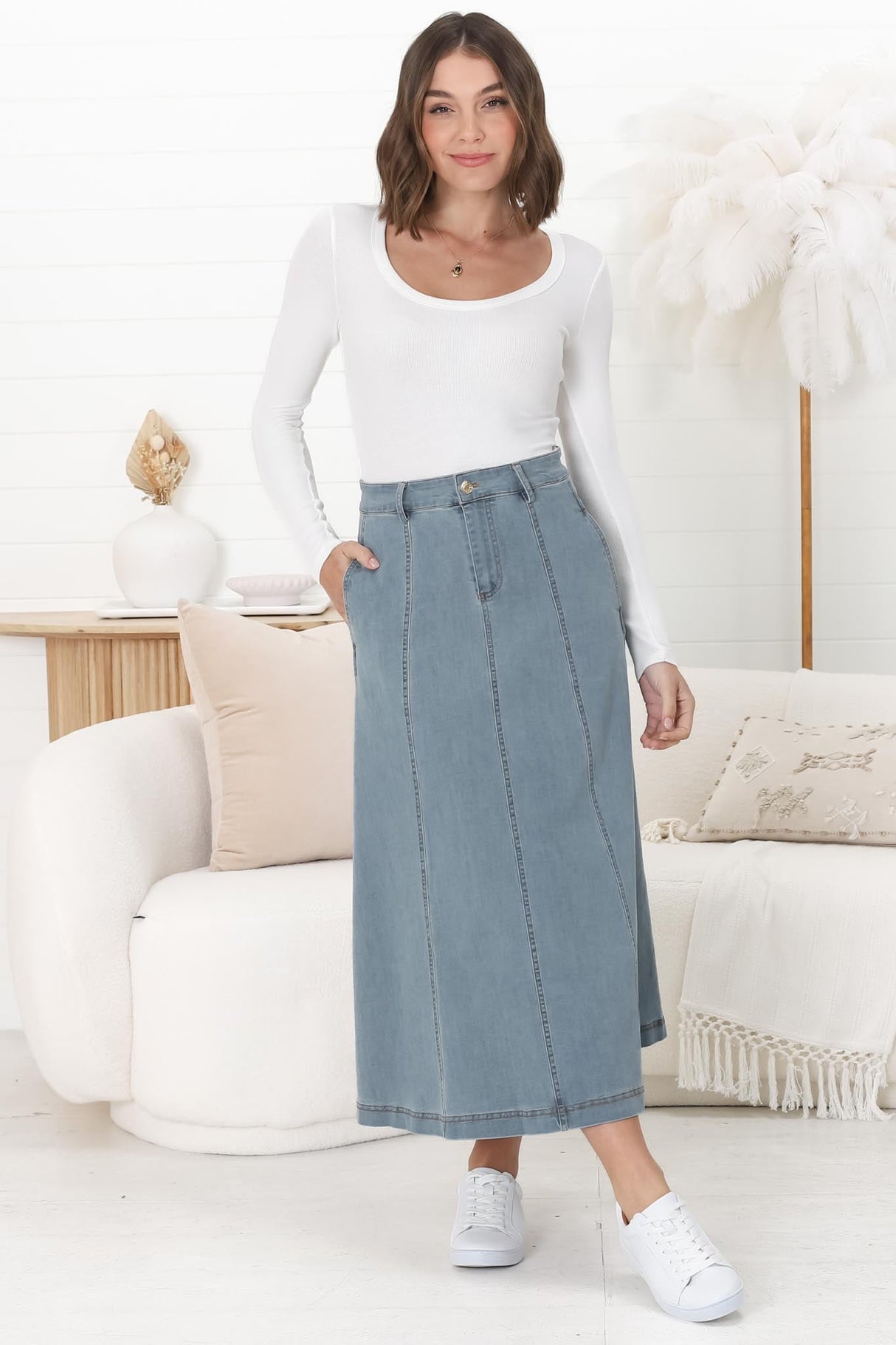 Delta Denim Midi Skirt - A Line Skirt with Contrast Stitching in Blue Denim