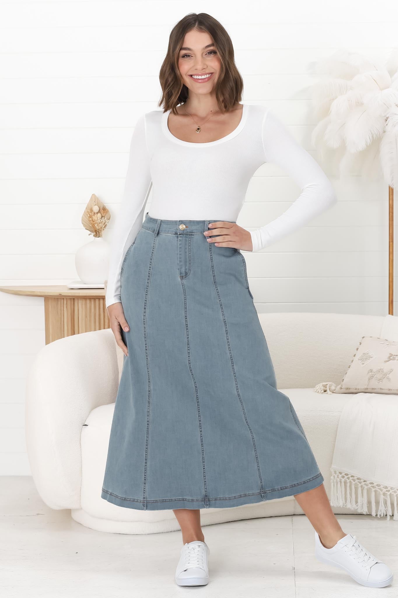 Delta Denim Midi Skirt - A Line Skirt with Contrast Stitching in Blue Denim