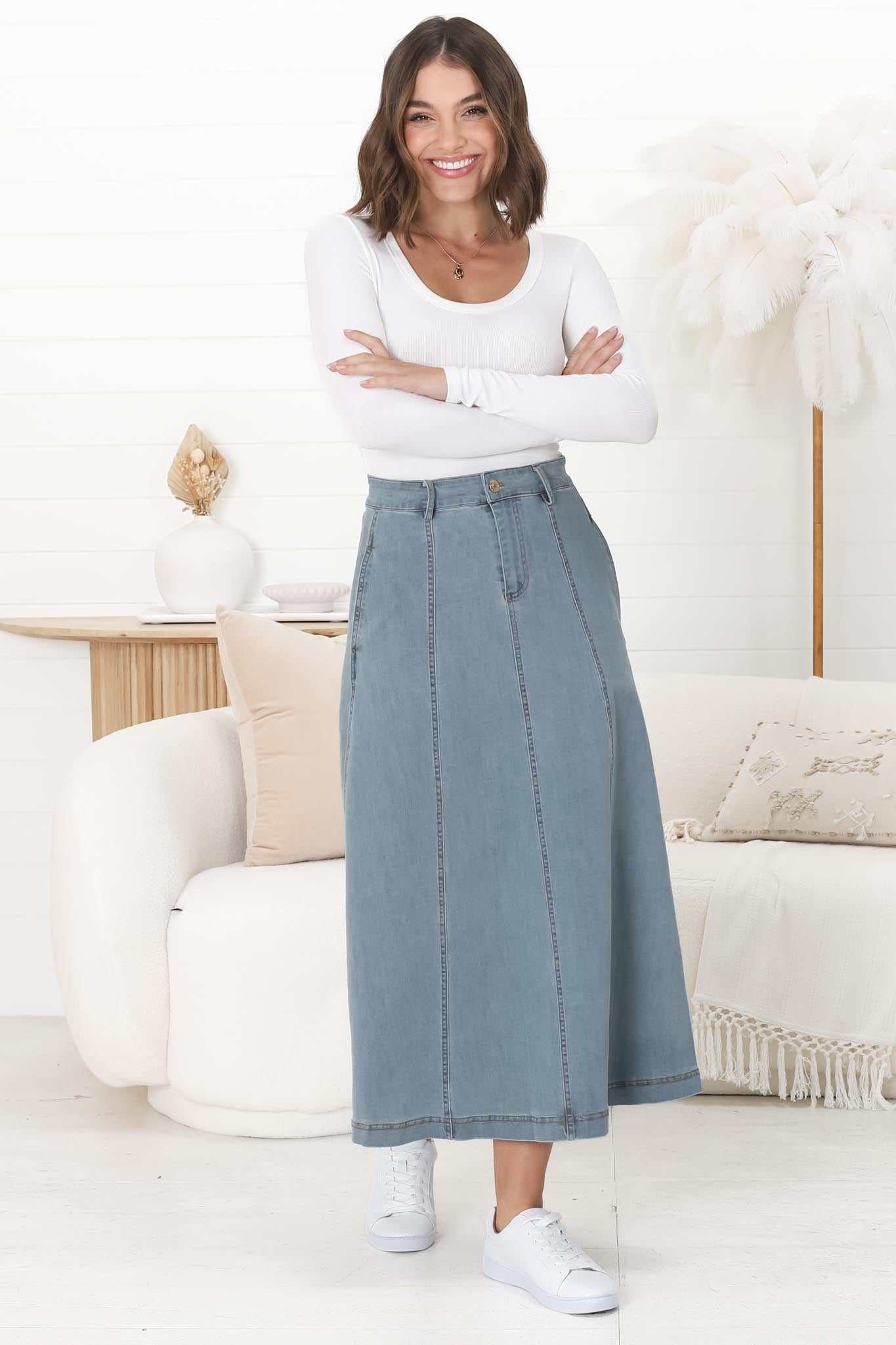 Delta Denim Midi Skirt - A Line Skirt with Contrast Stitching in Blue Denim