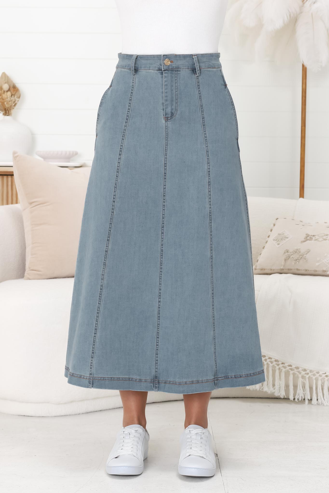 Delta Denim Midi Skirt - A Line Skirt with Contrast Stitching in Blue Denim