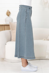 Delta Denim Midi Skirt - A Line Skirt with Contrast Stitching in Blue Denim