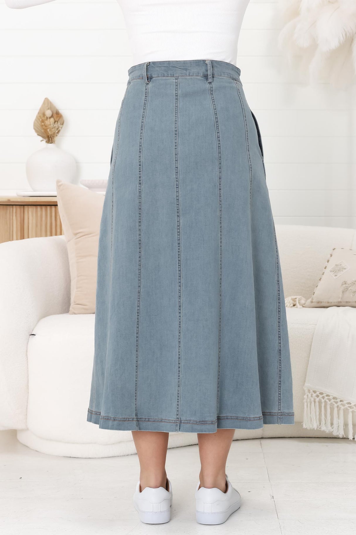 Delta Denim Midi Skirt - A Line Skirt with Contrast Stitching in Blue Denim