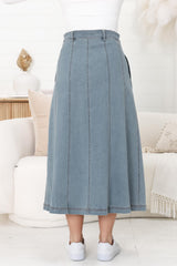 Delta Denim Midi Skirt - A Line Skirt with Contrast Stitching in Blue Denim