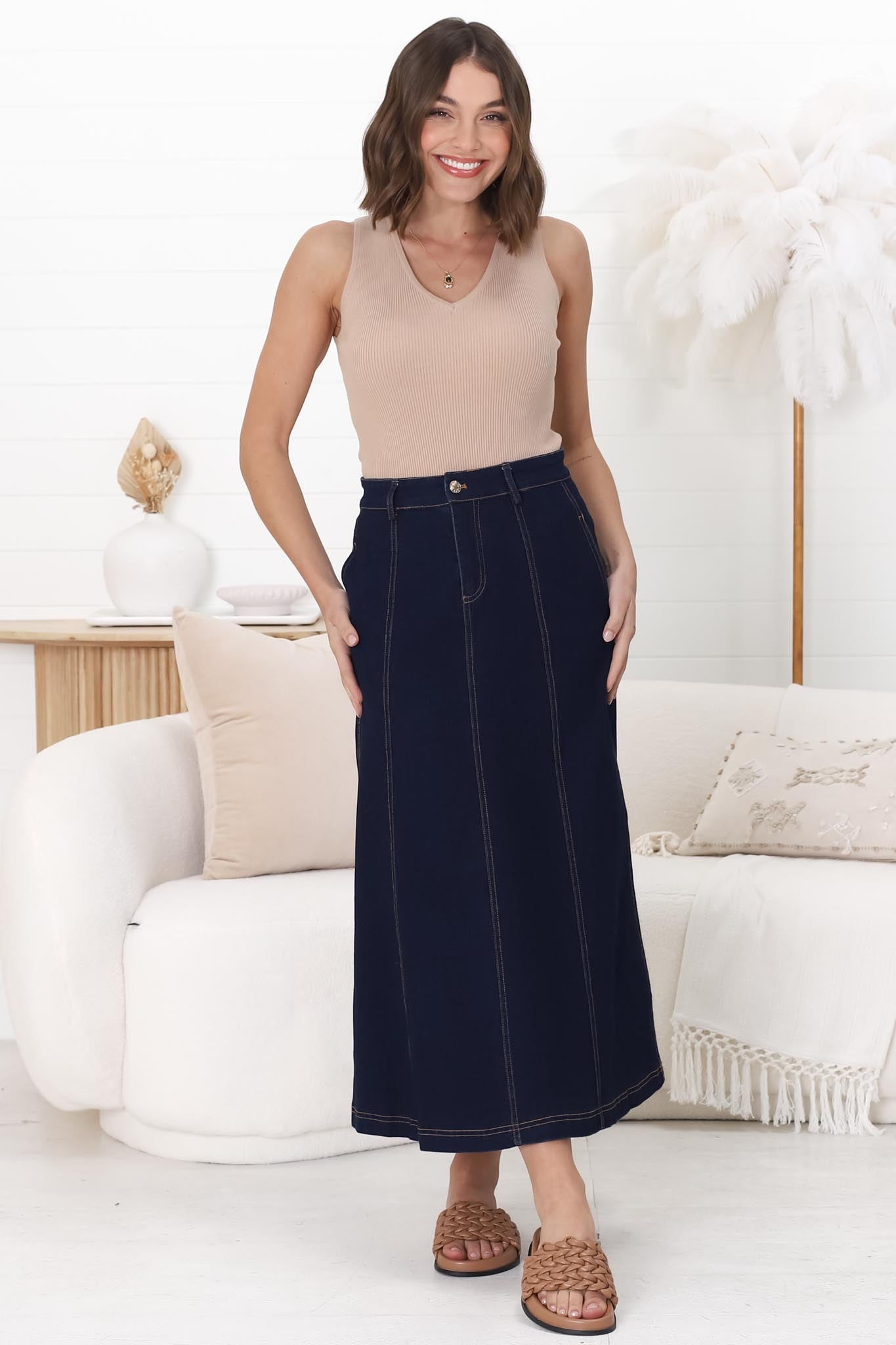 Delta Denim Midi Skirt - A Line Skirt with Contrast Stitching in Raw Denim