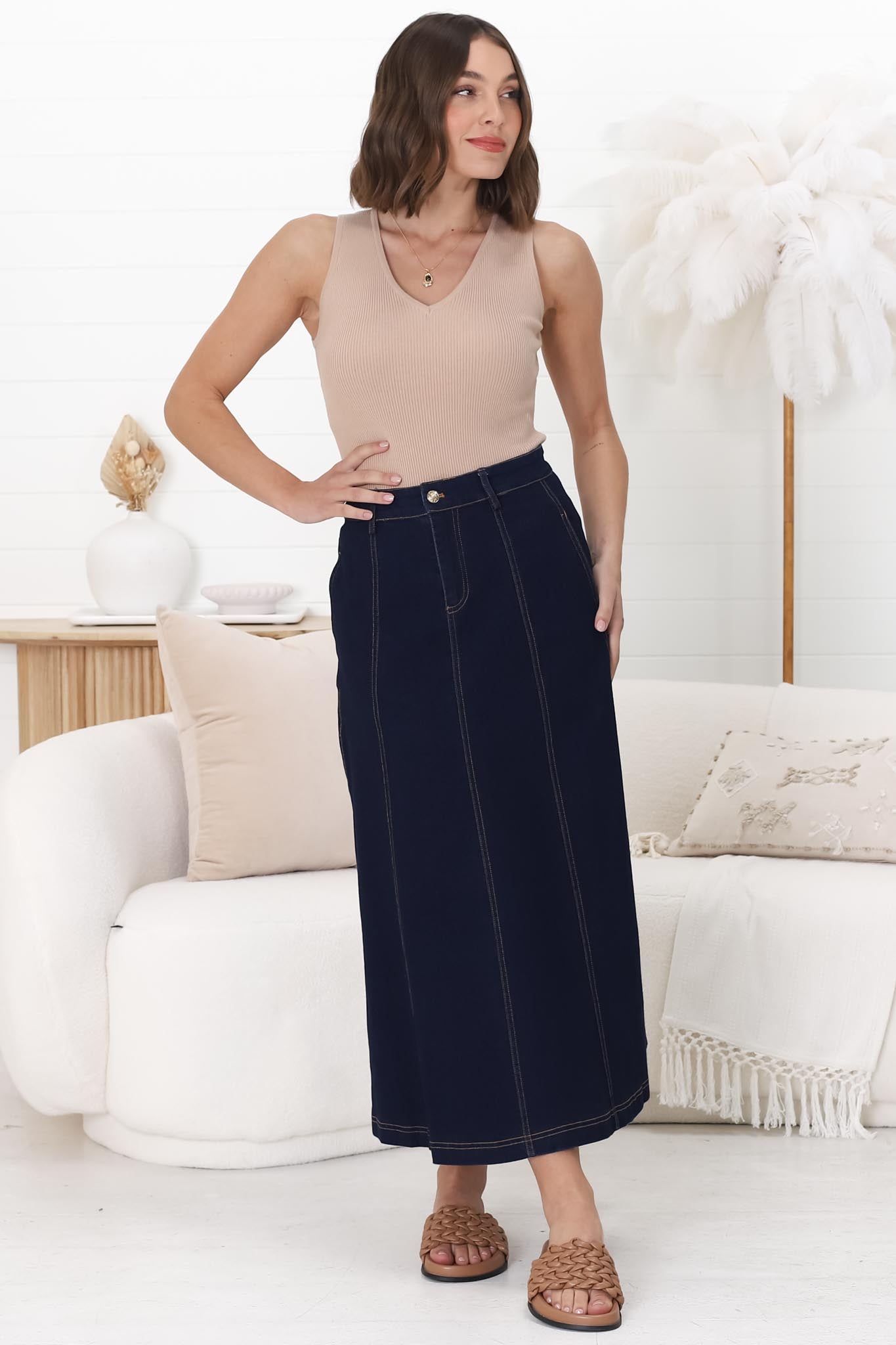 Delta Denim Midi Skirt - A Line Skirt with Contrast Stitching in Raw Denim