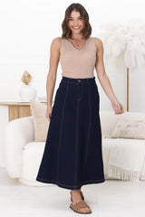 Delta Denim Midi Skirt - A Line Skirt with Contrast Stitching in Raw Denim