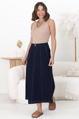 Delta Denim Midi Skirt - A Line Skirt with Contrast Stitching in Raw Denim