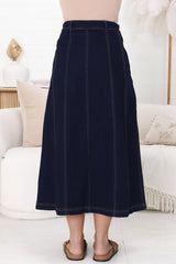 Delta Denim Midi Skirt - A Line Skirt with Contrast Stitching in Raw Denim