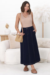 Delta Denim Midi Skirt - A Line Skirt with Contrast Stitching in Raw Denim