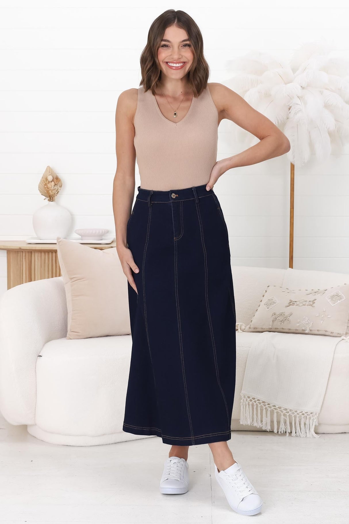 Delta Denim Midi Skirt - A Line Skirt with Contrast Stitching in Raw Denim