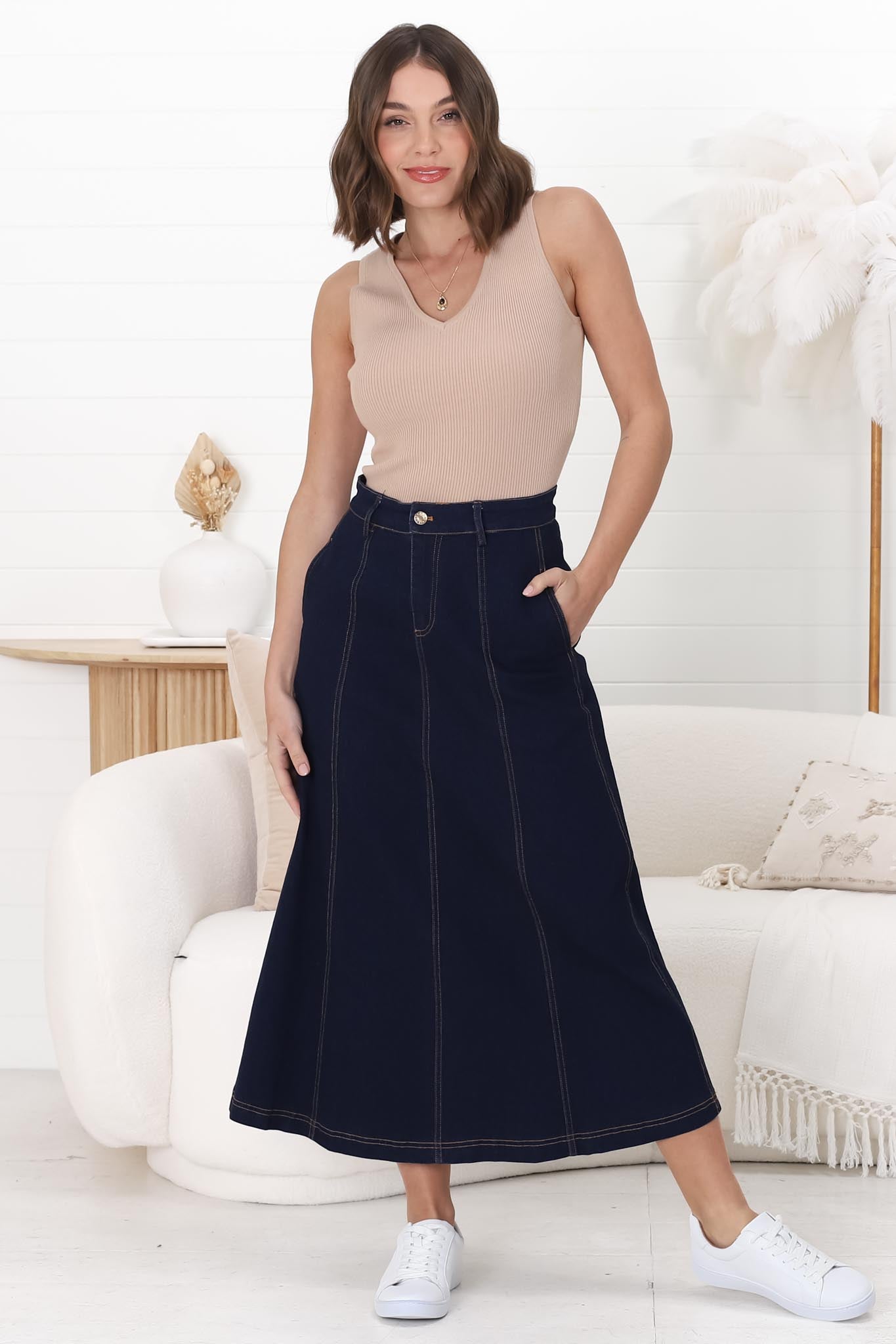 Delta Denim Midi Skirt - A Line Skirt with Contrast Stitching in Raw Denim