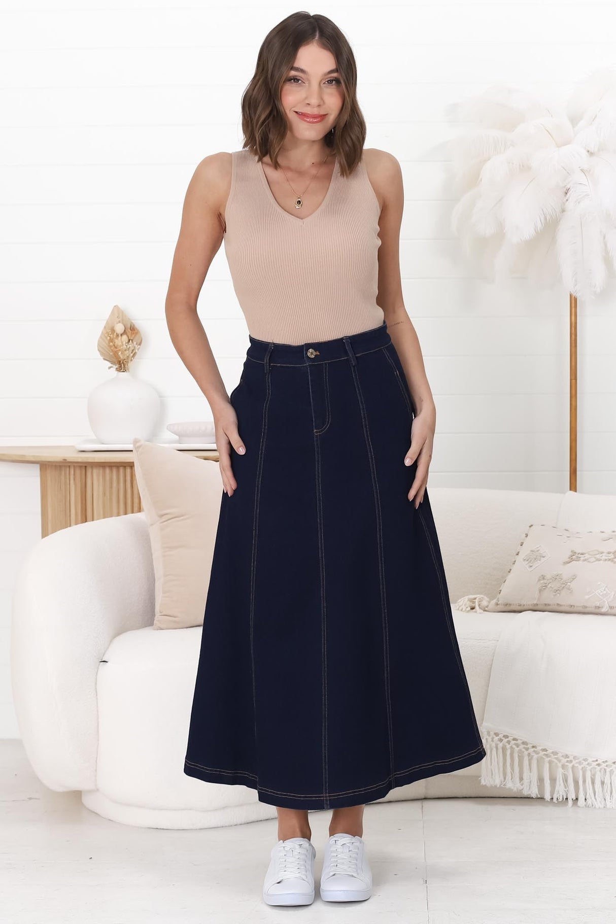 Delta Denim Midi Skirt - A Line Skirt with Contrast Stitching in Raw Denim