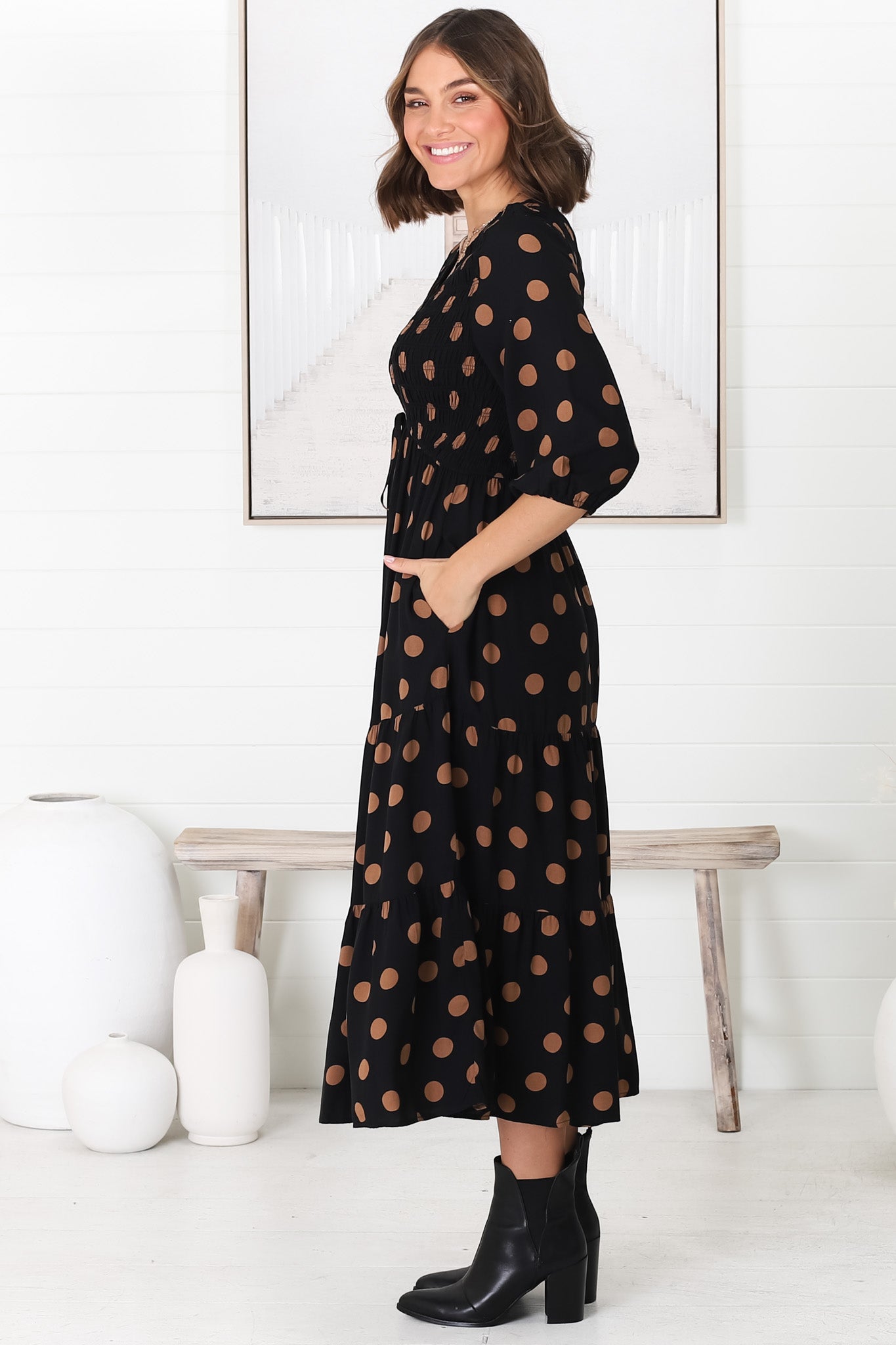 Jaden Midi Dress - Elasticated Bodice A Line Dress in our Mahony Print