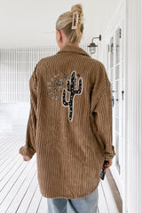 JAASE - Texas Cord Shirt/Jacket: Cactus Decal Cord Shacket in Toffee