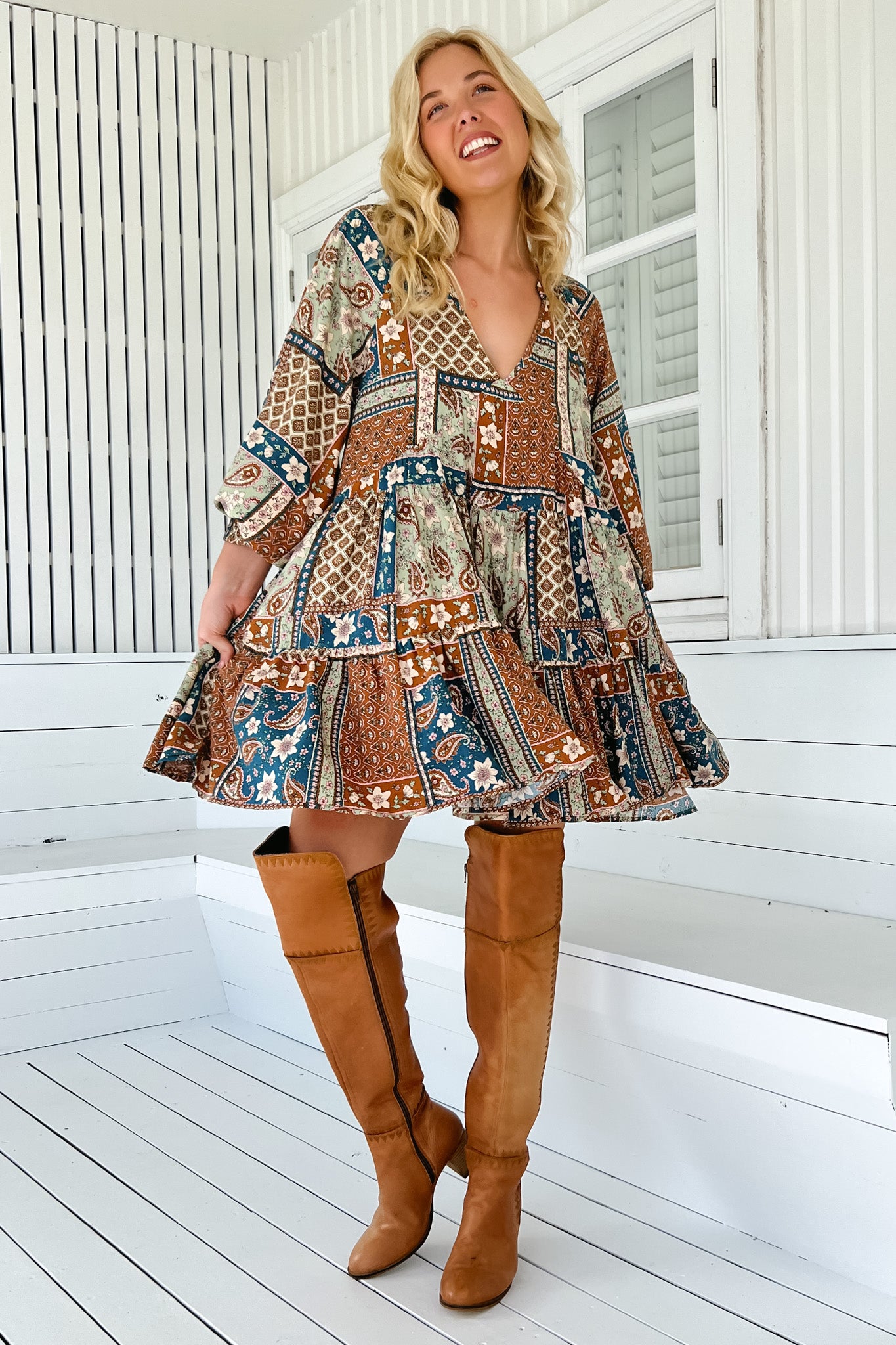 JAASE - Soul Mini Dress: Mandarin Collar V Neck Long Sleeve Smock Dress in Izabelle Print