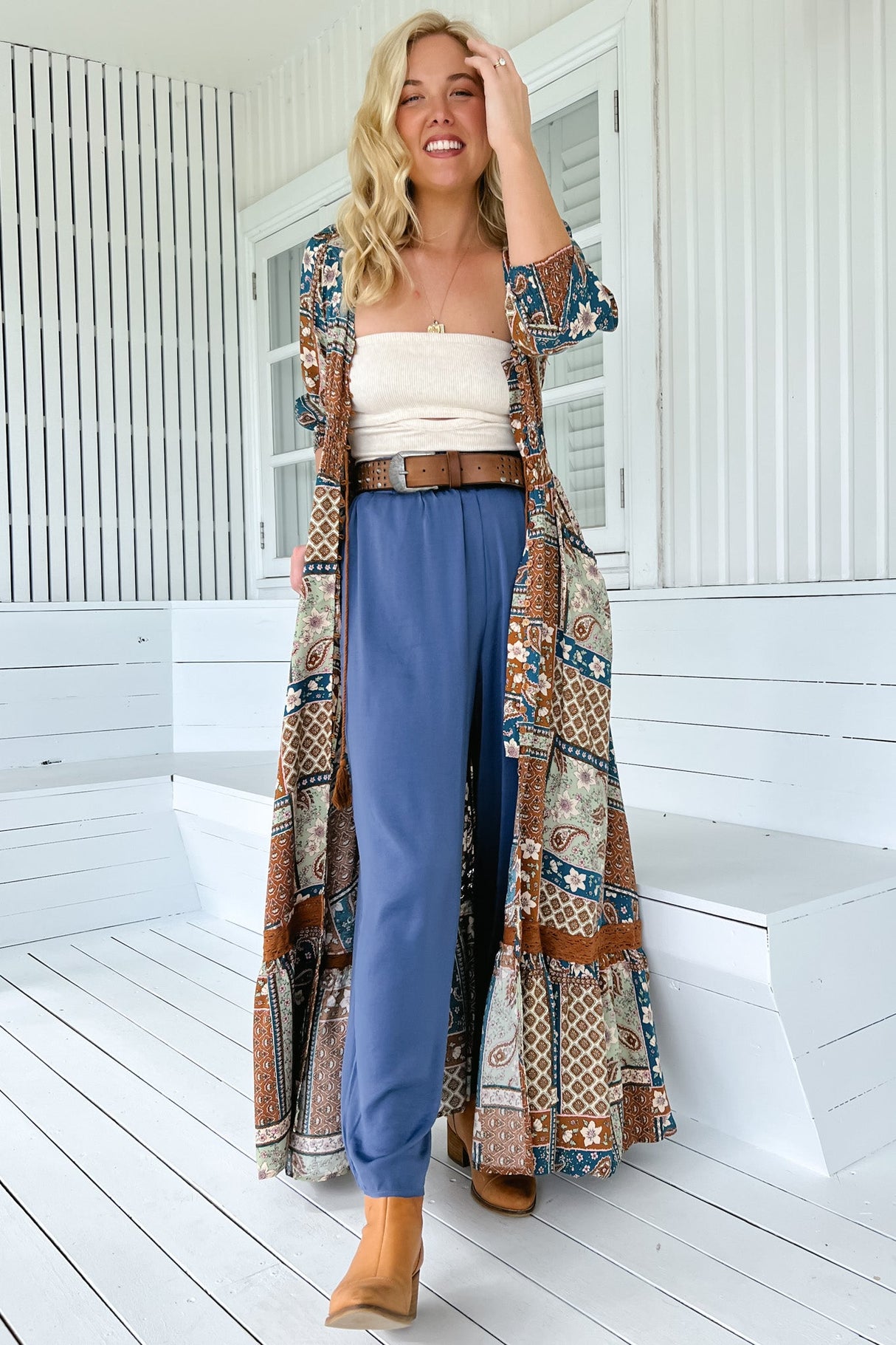 JAASE - Ettie Pants: High Waisted Wide Leg Pants in Blue