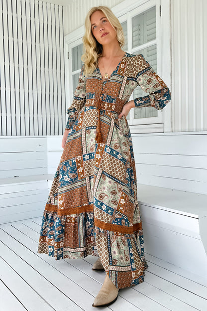 JAASE - Sabrina Maxi Dress: A Line Button Through Dress with Long Sleeves in Izabelle Print