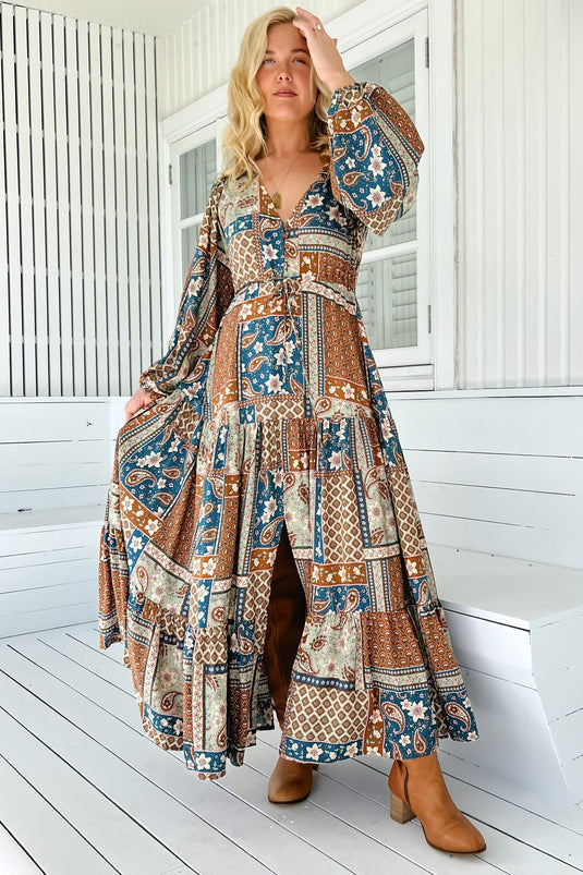 JAASE - Teresa Maxi Dress: A Line Dress with Long Balloon Sleeves in Izabelle Print