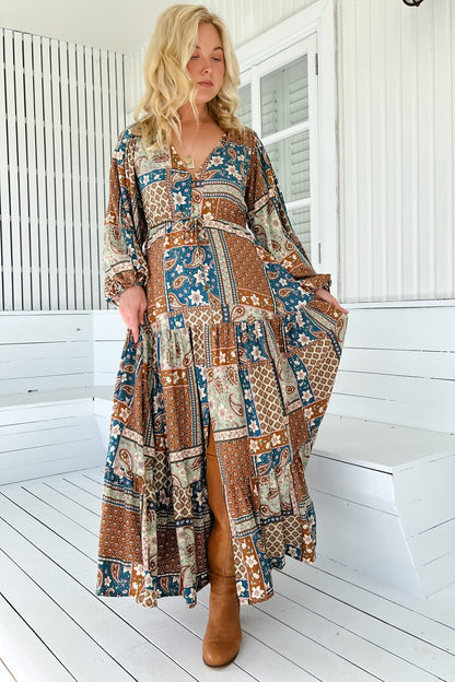 JAASE - Teresa Maxi Dress: A Line Dress with Long Balloon Sleeves in Izabelle Print