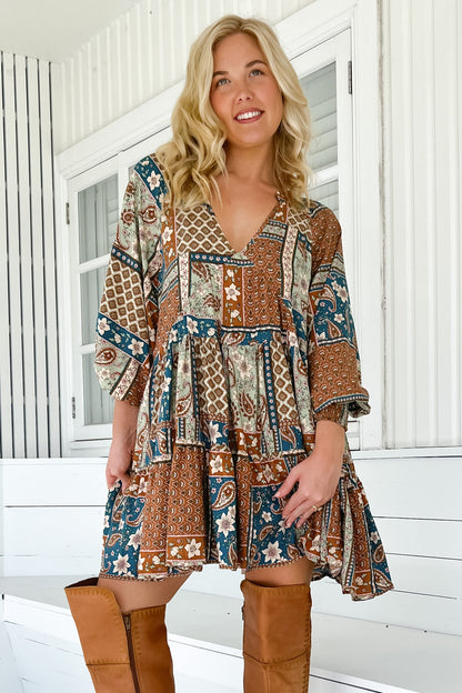 JAASE - Soul Mini Dress: Mandarin Collar V Neck Long Sleeve Smock Dress in Izabelle Print