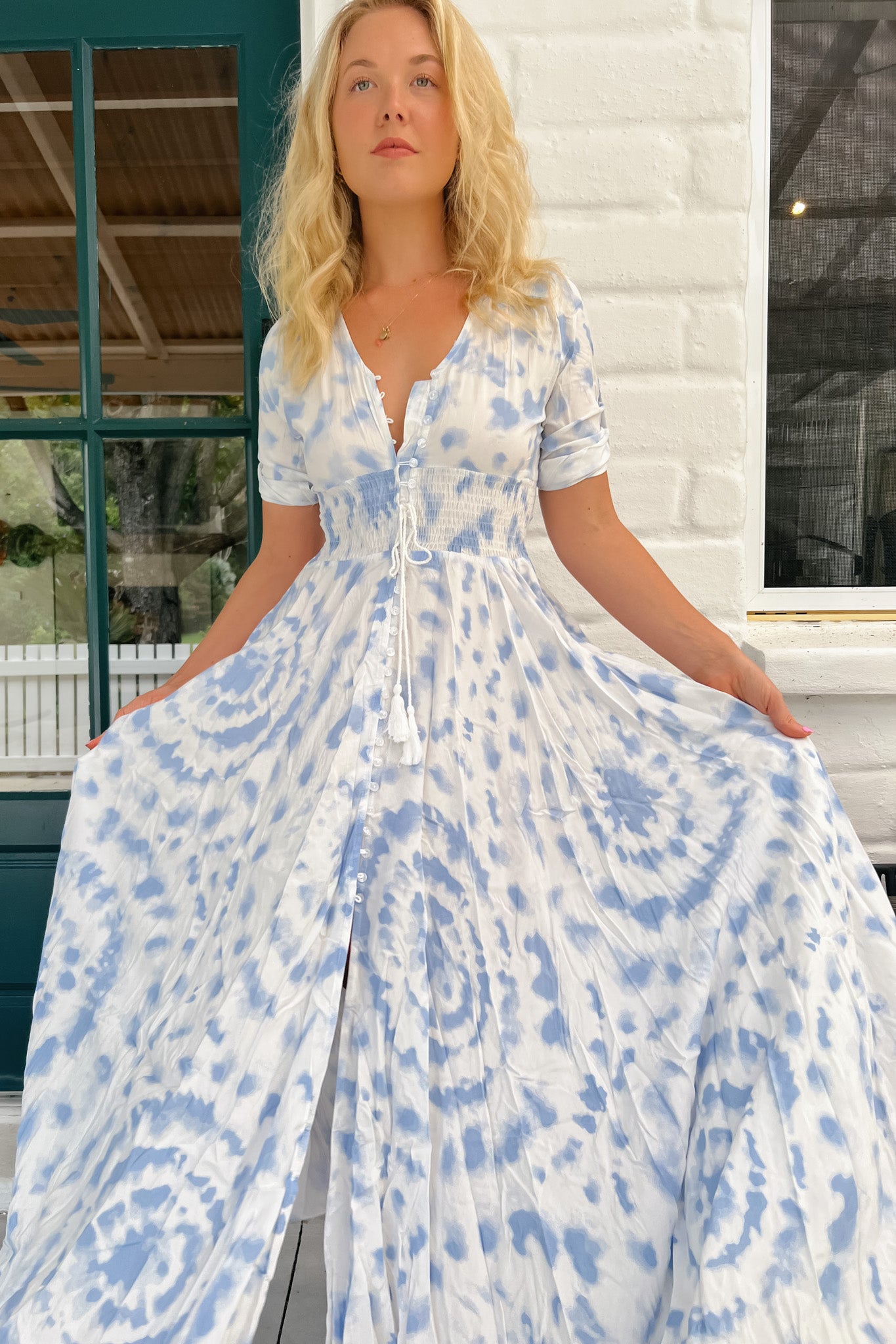 JAASE - Indiana Maxi Dress: Lace Back Shirred Waist A Line Dress with Handkercheif Hemline in Nine Cloud Print