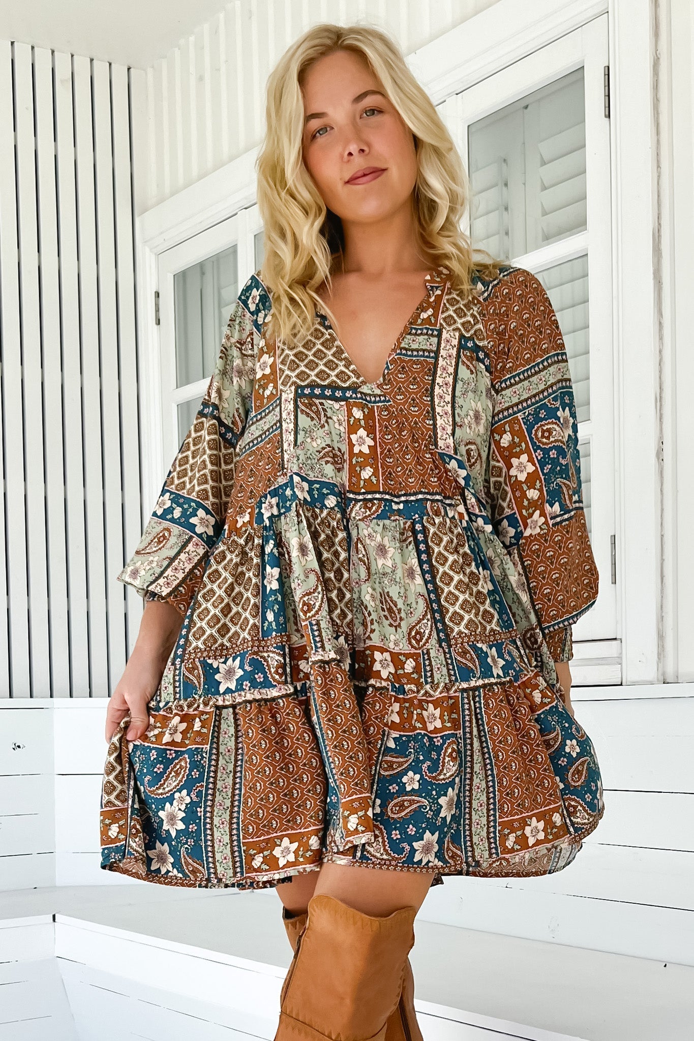 JAASE - Soul Mini Dress: Mandarin Collar V Neck Long Sleeve Smock Dress in Izabelle Print