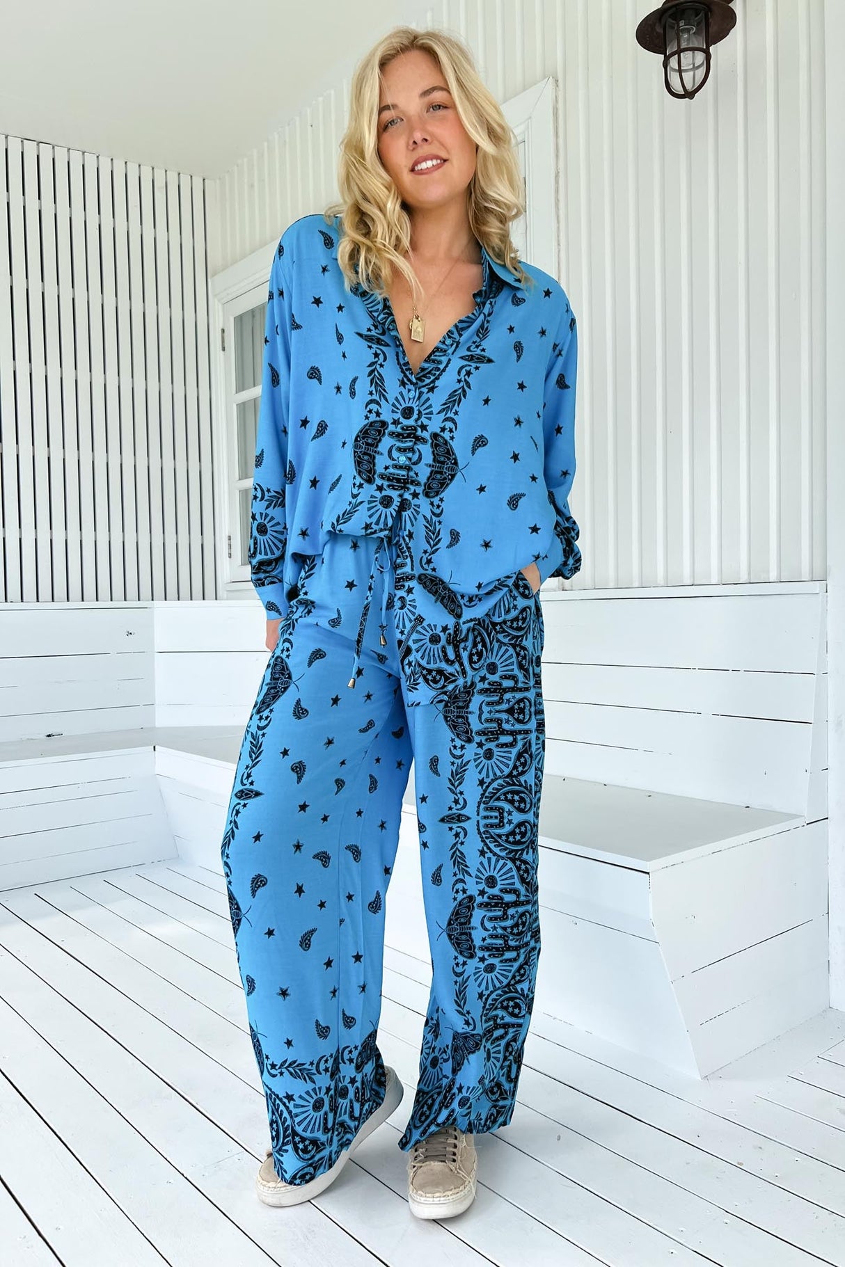 JAASE - Cici Pants: Mid Rise Relaxed Wide Leg Pant in Texas Sky Print