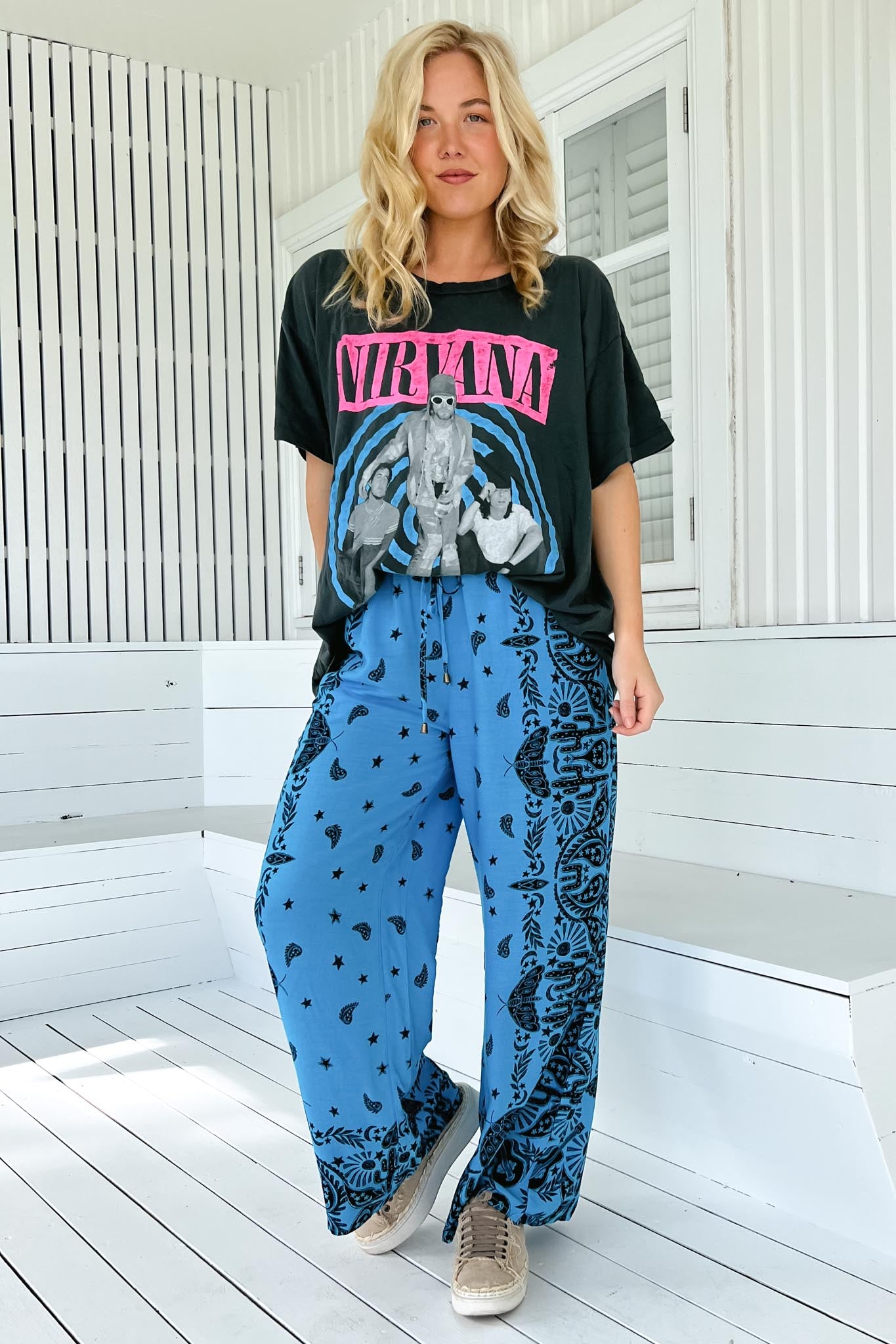JAASE - Cici Pants: Mid Rise Relaxed Wide Leg Pant in Texas Sky Print