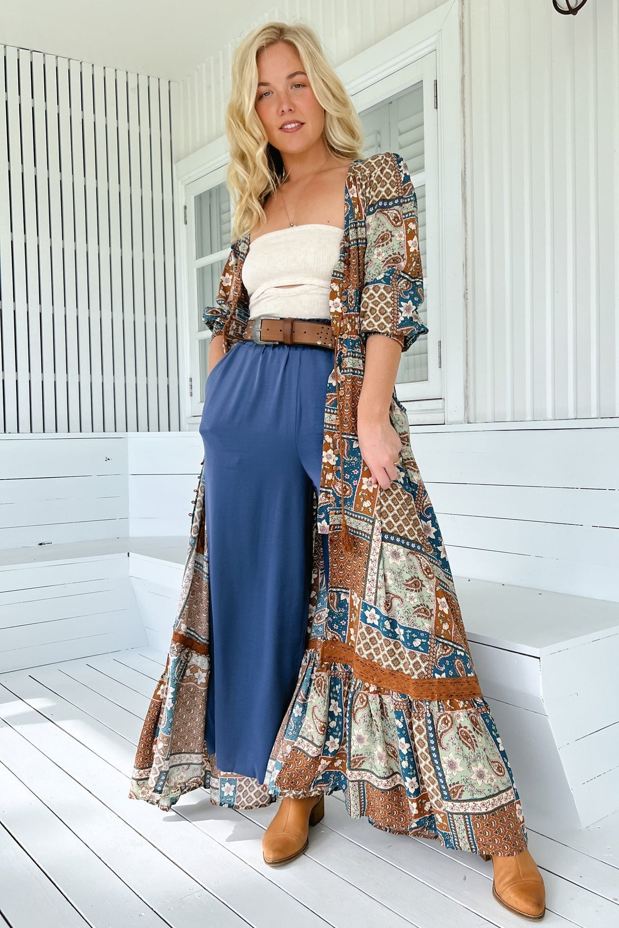 JAASE - Ettie Pants: High Waisted Wide Leg Pants in Blue