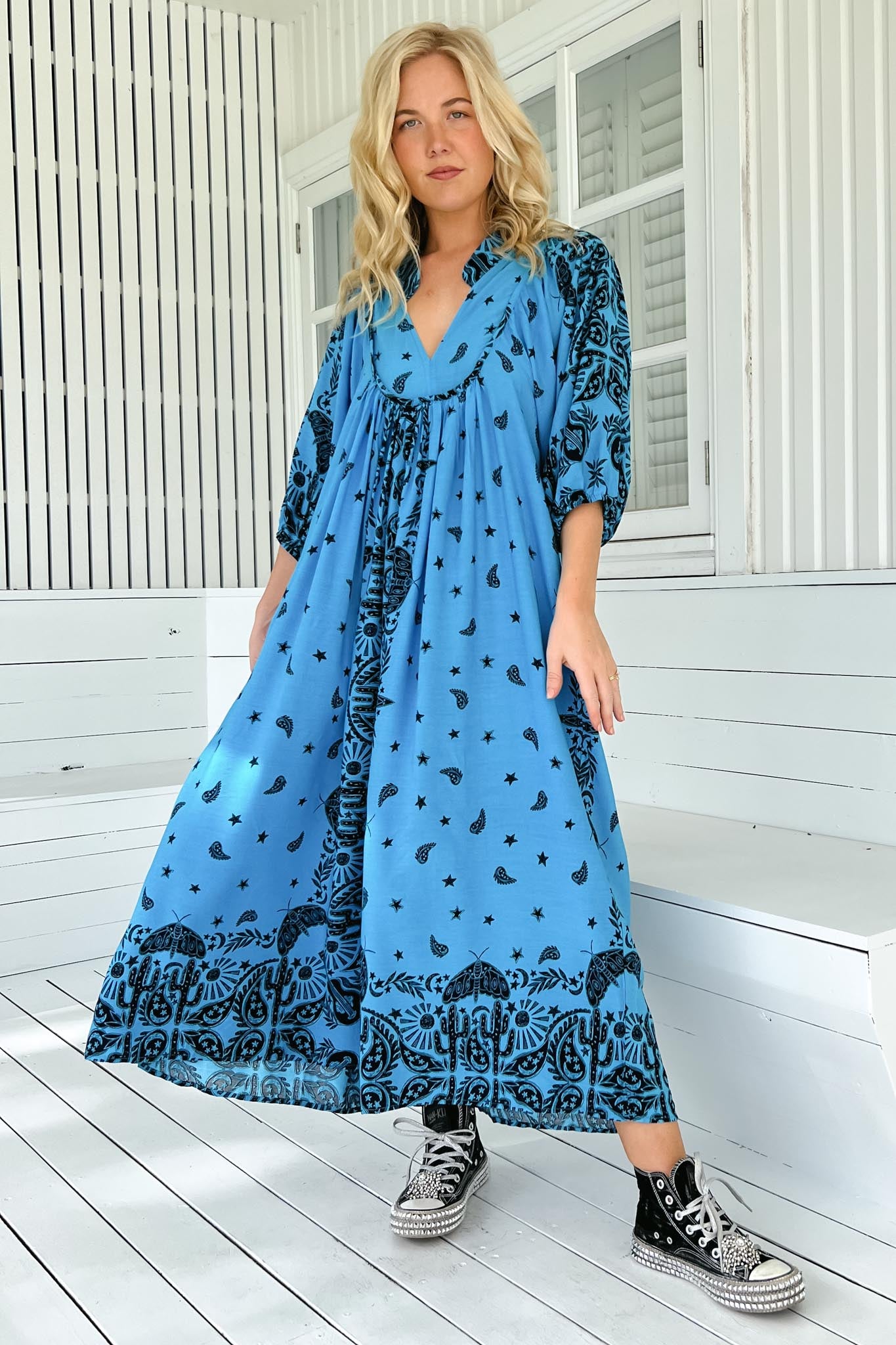JAASE - Boheme Midi Dress: Piping Defined Bust Slimline Smock Dress In Texas Sky Print