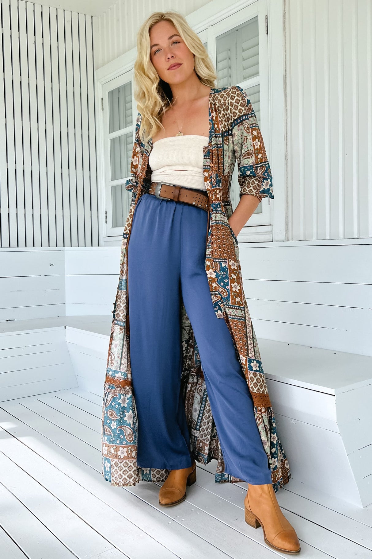 JAASE - Ettie Pants: High Waisted Wide Leg Pants in Blue