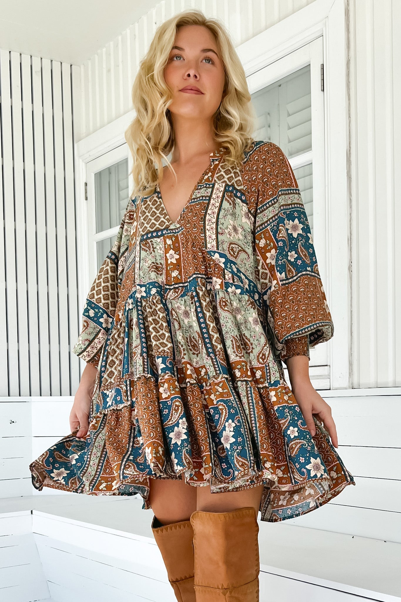 JAASE - Soul Mini Dress: Mandarin Collar V Neck Long Sleeve Smock Dress in Izabelle Print