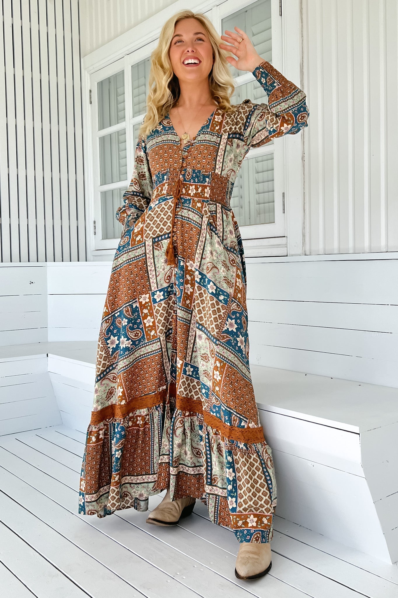 JAASE - Sabrina Maxi Dress: A Line Button Through Dress with Long Sleeves in Izabelle Print
